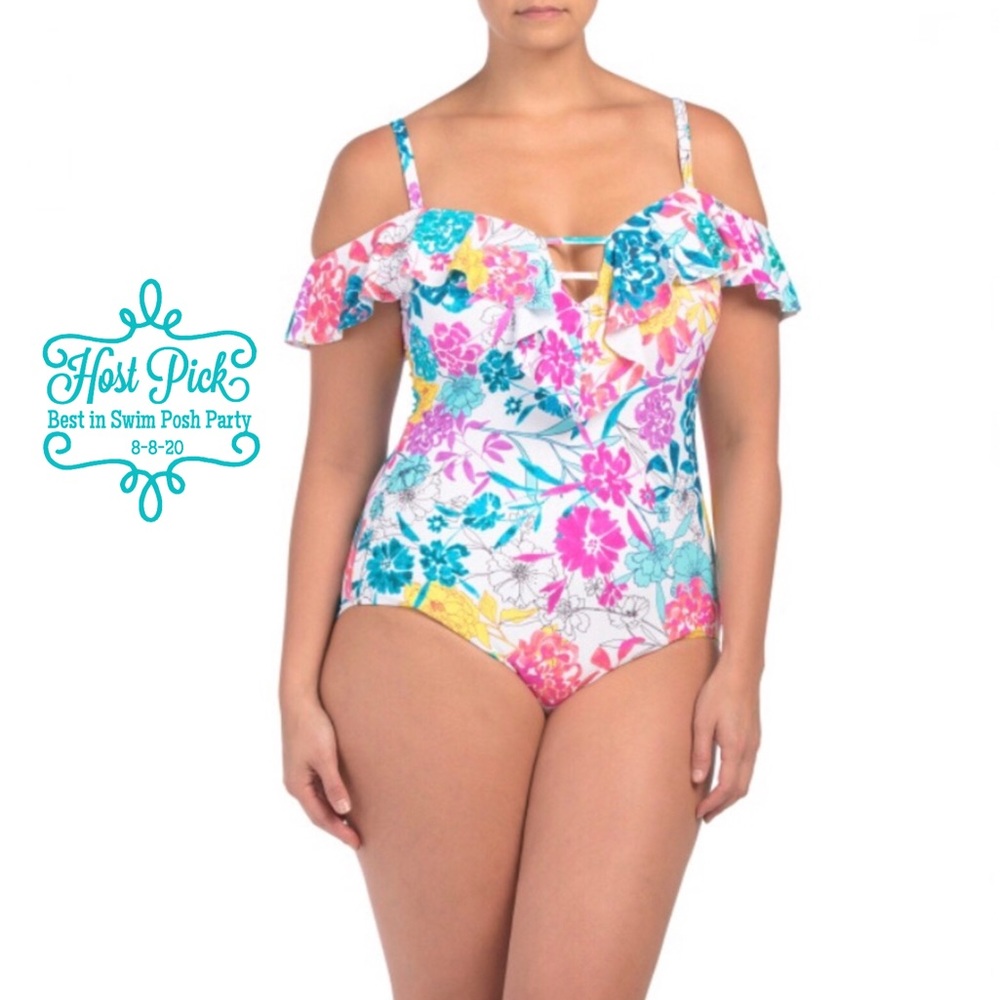 KENNETH COLE SwimSuit One-piece Tummy Control Ruffle Shoulder Floral Swim Wear
